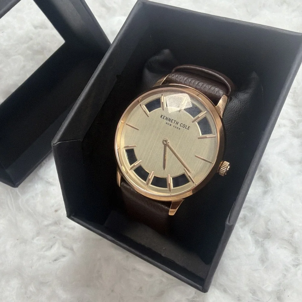 Mens Kennth Cole New York‎ Watch Dress Formal Champagne Face Leather Strap New!